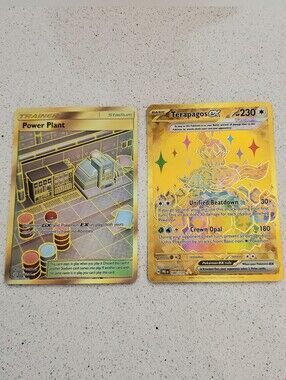 Pokemon Gold Holo Terapagos-EX & Power Plant Stadium Trading Cards